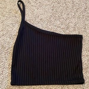One strap, ribbed, black, cropped tank. From Pretty Little Thing. Size small.